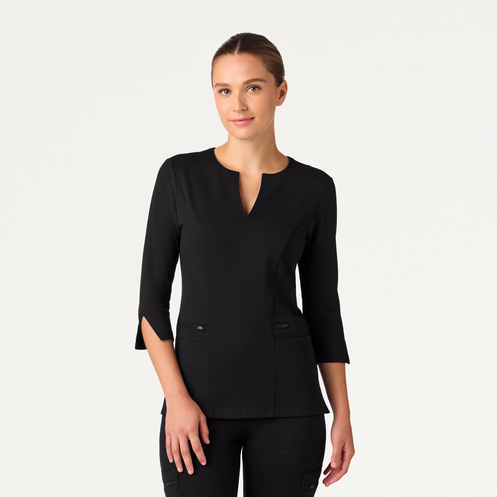 Zoe Slim 3/4-Sleeve Scrub Top - Black